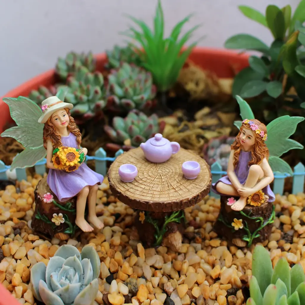 1 Set Summer Tea Party Vacation Flower Fairy, Interesting Scene Simulation Micro Landscape Decoration Statue, Outdoor Fairy Gard