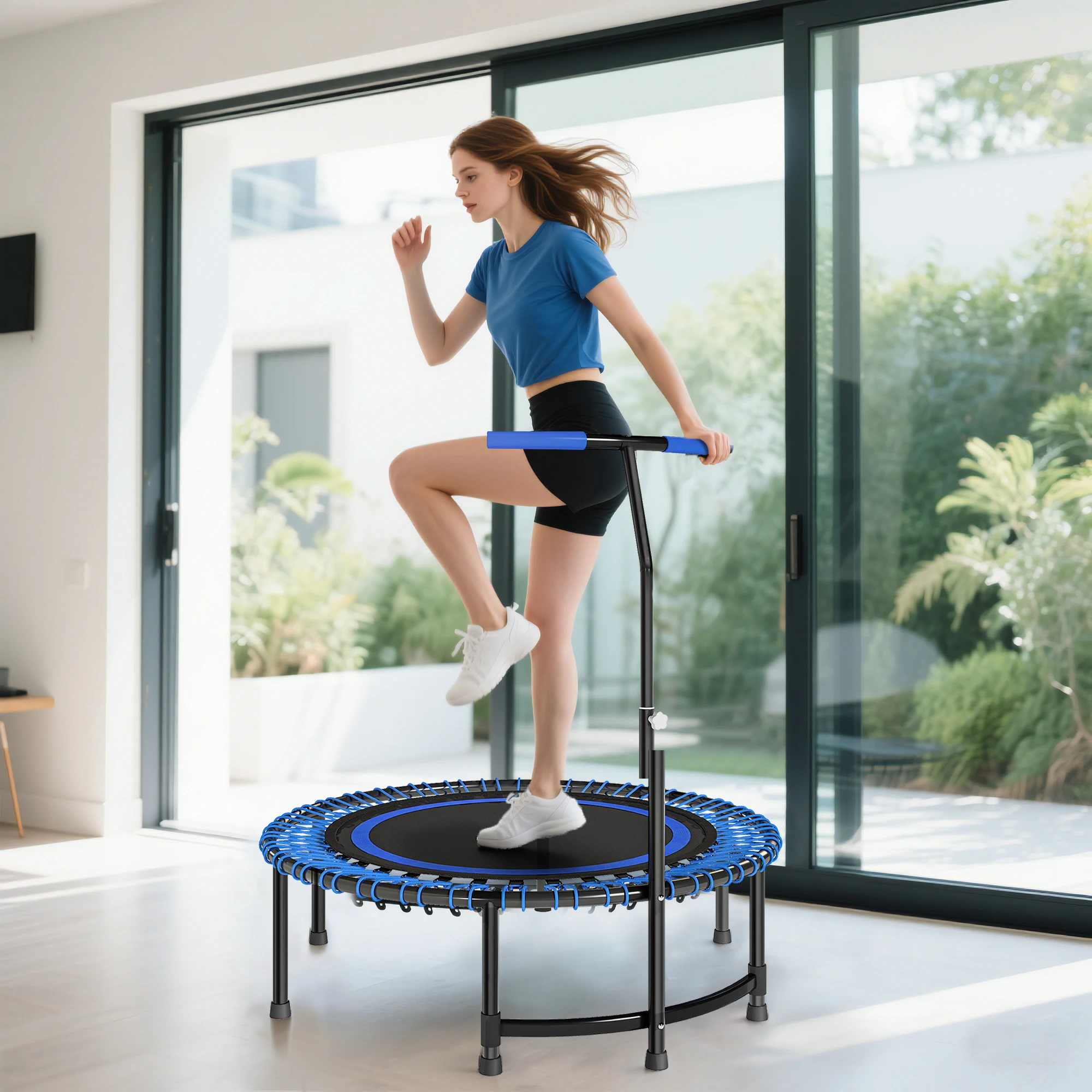 Sports Now fitness Trampoline for cm with elastic ropes, 5-position adjustable handle, adult-load trampoline kg stable and silencer for indoor training, Blue