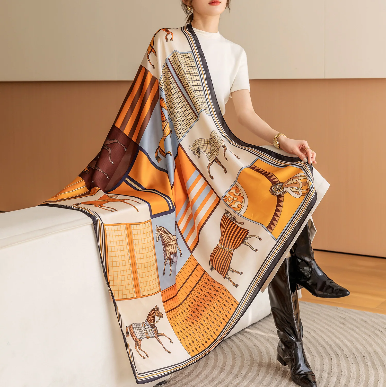 Luxury Horse Print Square Scarf Vintage Imitation Silk Shawl Scarf Women Windproof Outdoor Head Wrap 110*110cm
