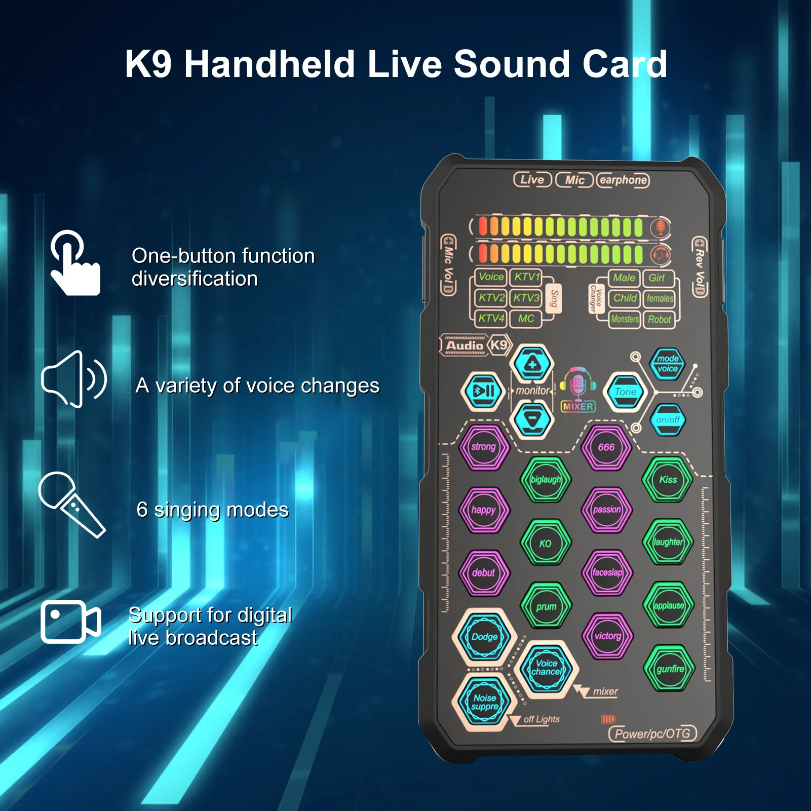 DJ Karaoke Equipment K9 Handheld Live Sound Card Sound Board Set with Voice Change for Podacsting Broadcasting Singing Recording
