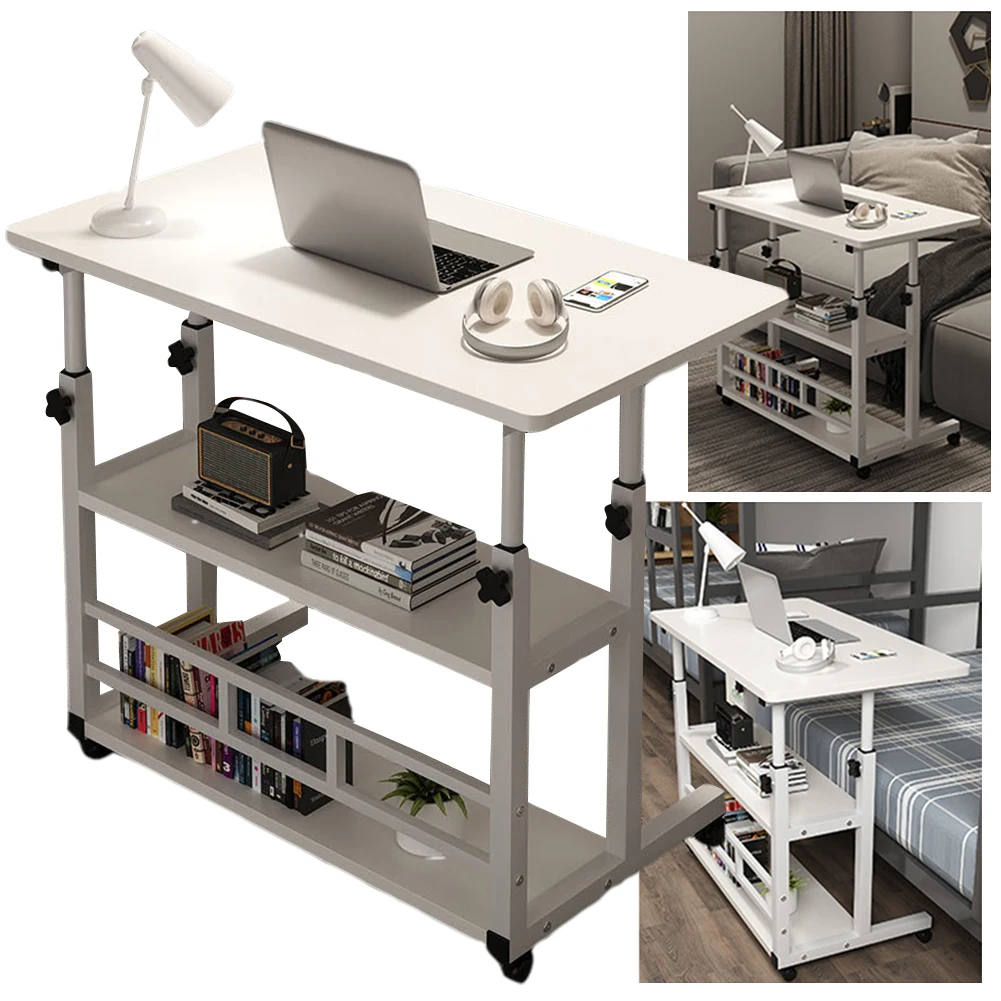 Adjustable Bedside Laptop Desk with Rolling Wheels Mobile Laptop Standing Desk Multi-Layer Storage Height Adjustable Laptop Desk