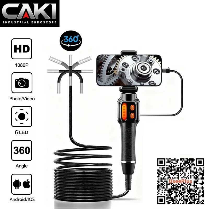 360 Degree Rotation Endoscope Camera 6mm Lens HD Articulated Inspection Borescope Camera IP67 for Automotive Car IOS Android
