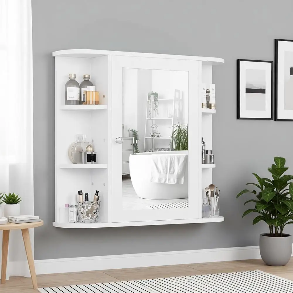 White Wall-Mounted Medicine Cabinet with Mirror and 10 Shelves