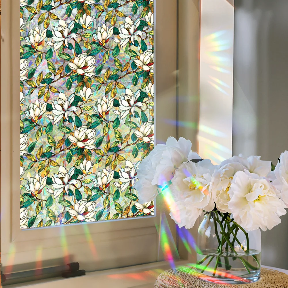 Flowers Window Privacy Film Removable Static Cling Stickers Floral Stained Glass Window Film Window Stickers Home Decor