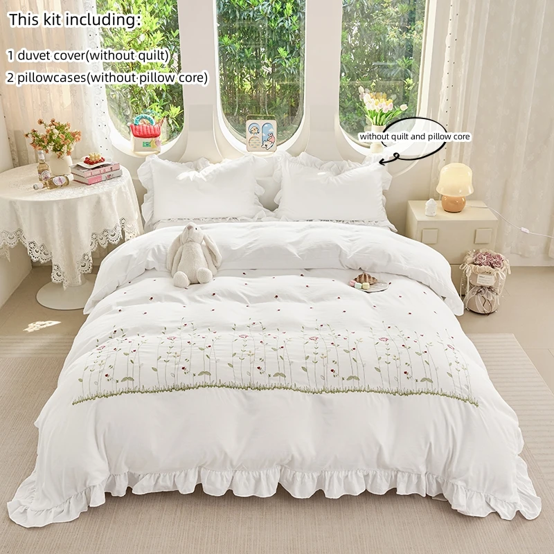 3pcs flowers embroidery Bedding set ruffles Duvet Cover Set (1*Duvet Cover + 2*Pillowcase, Without Core)for bedroom guest room