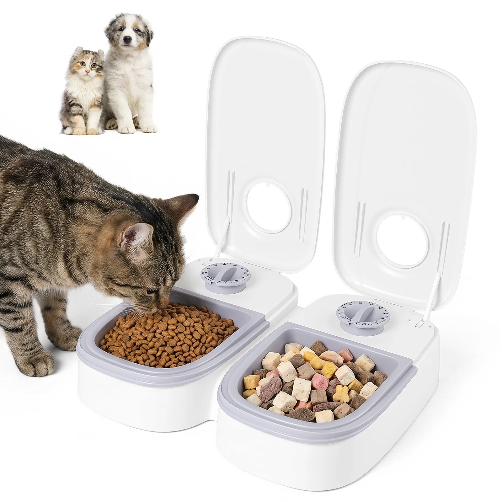 Dual-bowl automatic cat and dog feeder, 48-hour timer, 700ml capacity, suitable for dry and wet food