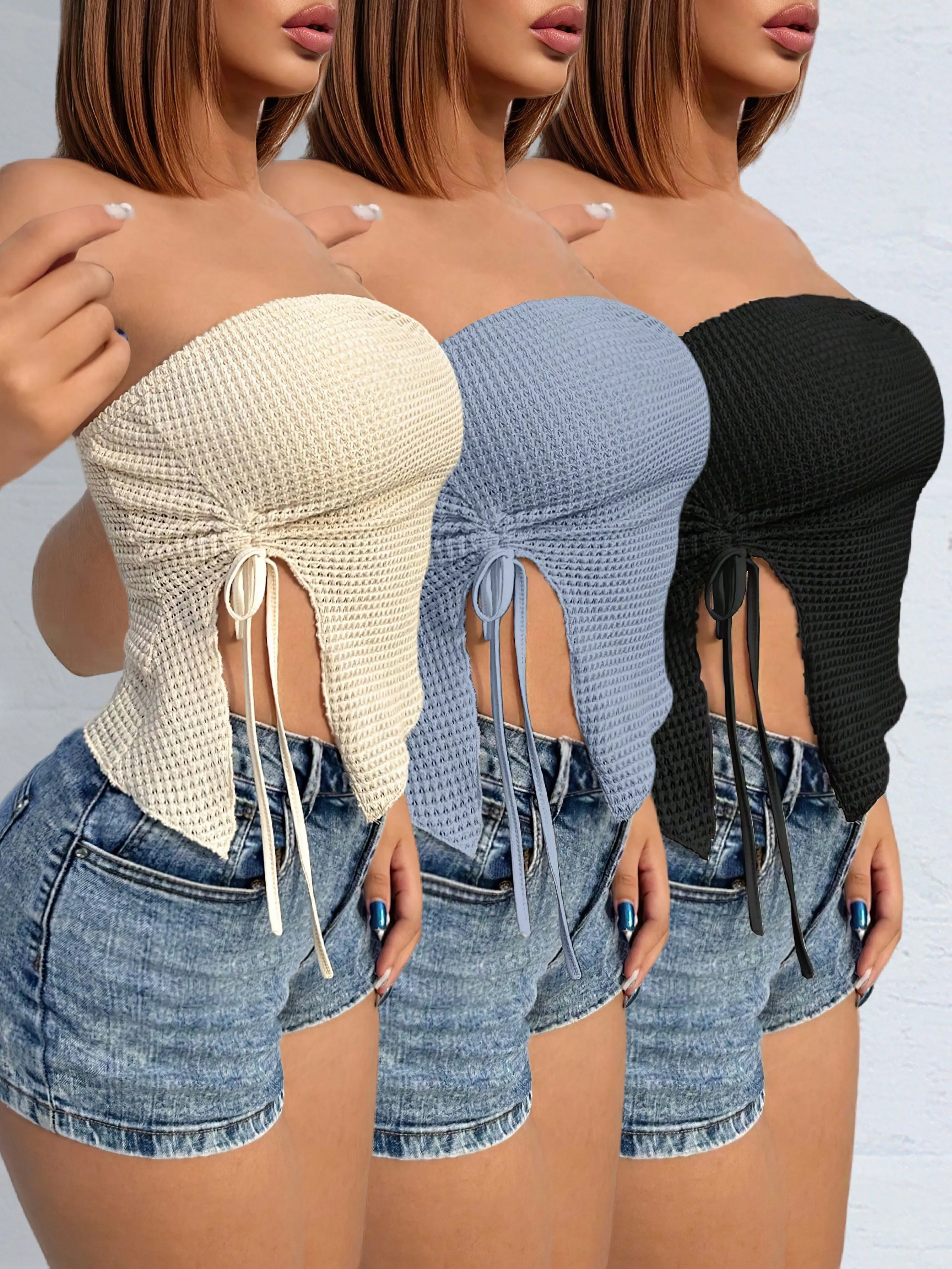 New women's fashionable casual and versatile trendy hollow women's top three-piece set