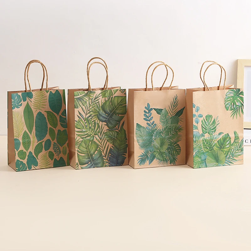 6Pcs Summer Hawaii Theme Kraft Paper Gift Packing Bags Tropical Palm Leaf Shopping Bag for Birthday Wedding Party Decoraiton