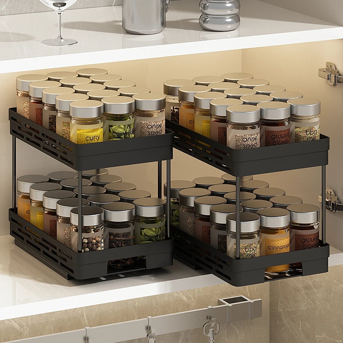 Pull-out Double-layer Plastic Storage Rack Multifunctional Large Capacity Spcie Jar Holder Kitchen Cabinet Storage Organizer