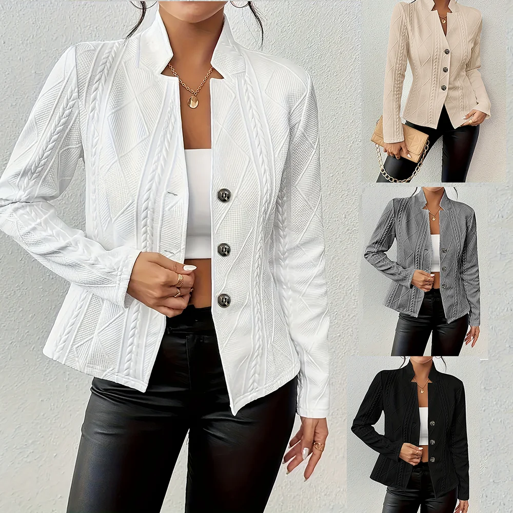 Women Blazer Jacket Suit Coat Single Breasted Stand Collar Slim Outerwear Temperament Office Lady 2025 Spring Vintage Tops