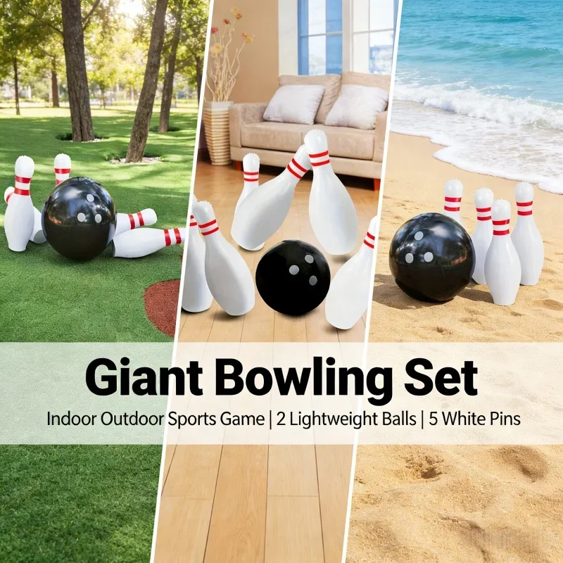 Indoor Outdoor Sports Game Giant Bowling Set 7pcs Durable Portable 2 Lightweight Balls 5 White Pins Red Accents For Adults Kids