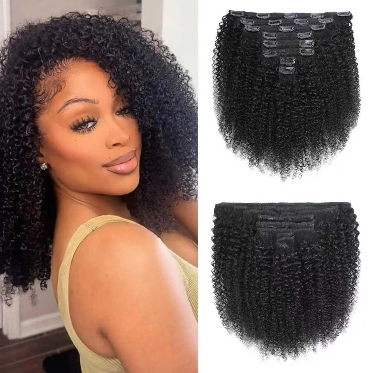 Afro Kinky Curly Clip in Hair Extension 4C 4B Afro Kinky Curly Clip Ins 100% Human Hair Extensions Women 8PCS Clip-in Full Head