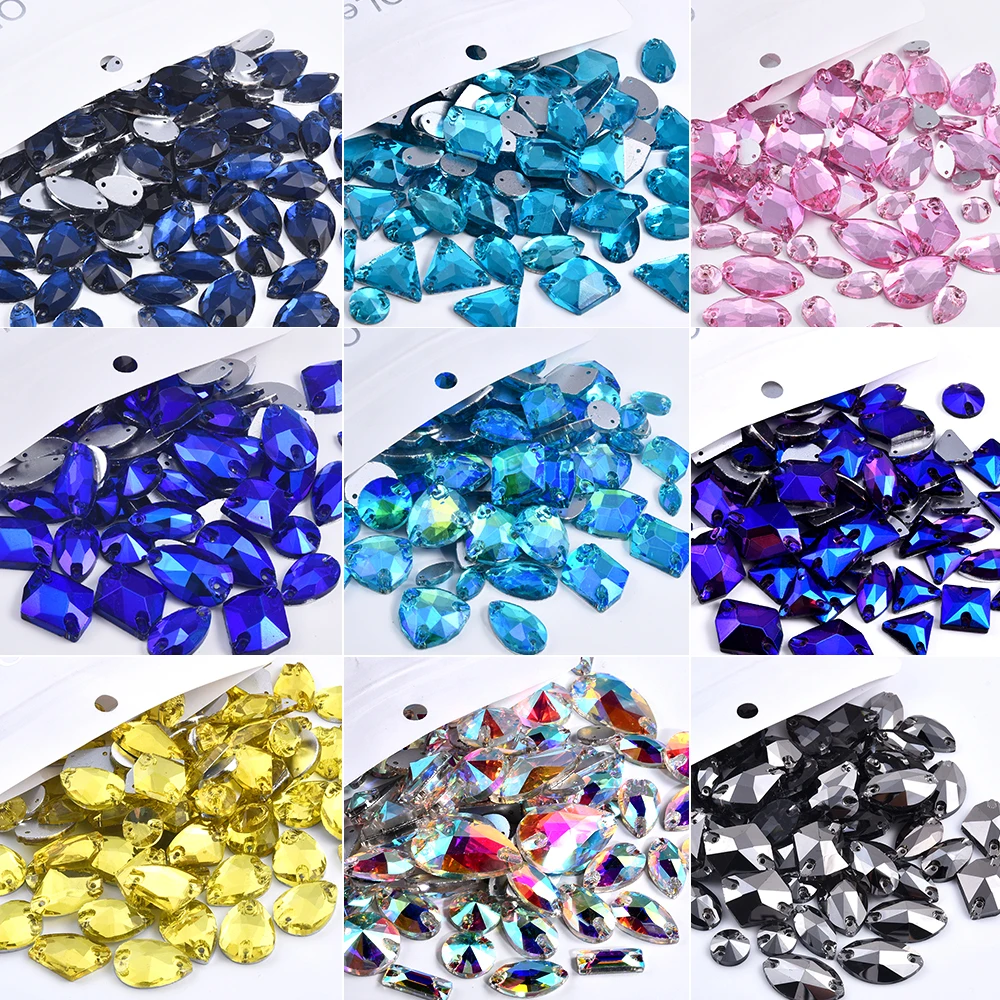 OLeeya 20/50/100Pcs Mix Sizes Glass Sew On Rhinestones Sewing Sapphire AB Flat Back Stones For Clothes Accessories Wedding Dress