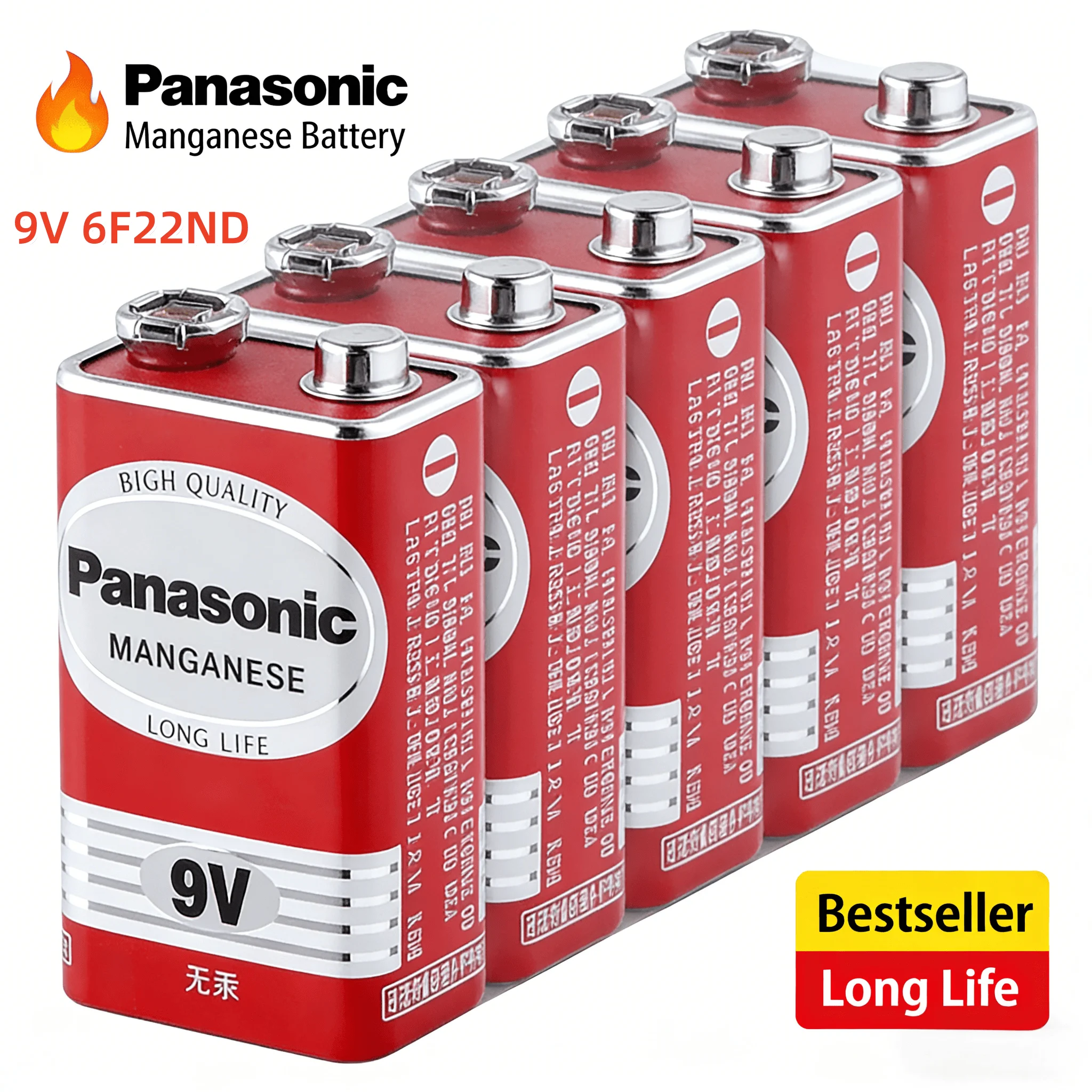 100% Original Panasonic 6F22ND 9V Alkaline Battery, Mercury-Free Long Life,for Smoke Detector/Alarm Clock/Wireless Microphone