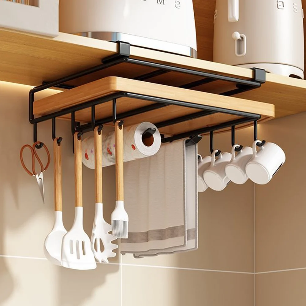 Space Saving Kitchen Organizer: Under Cabinet Hanging Rack with Hooks for Towels Cutting Boards & Pot Lids