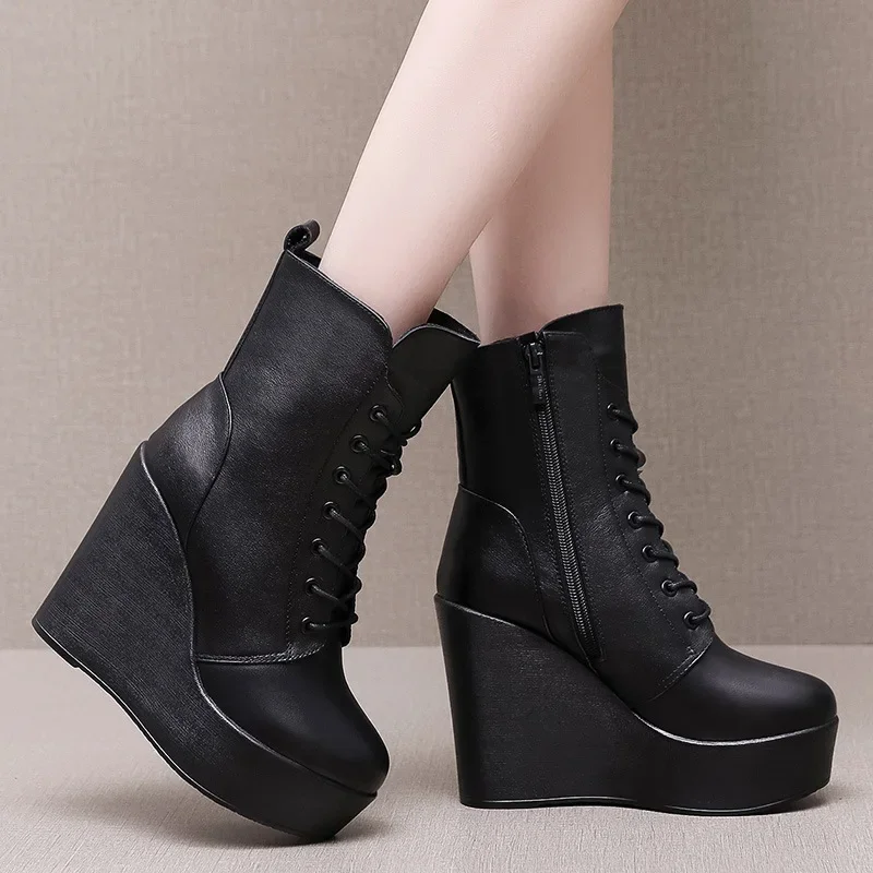 Small Size 33-43 All Match Comfortable Black Genuine Leather Boots Fall Winter 2025 High Heels Platform Wedges Boots Ankle Mom