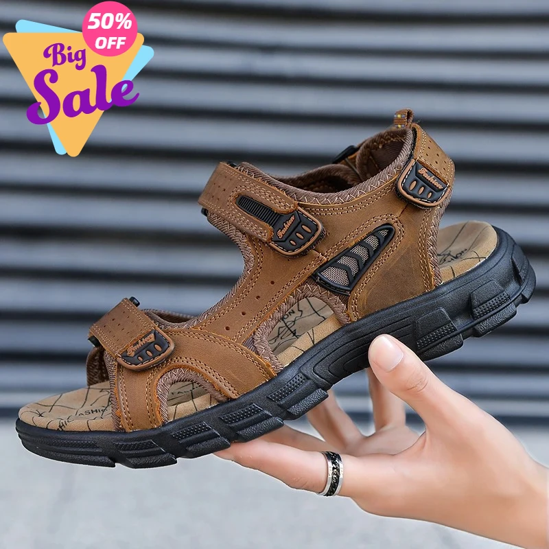 Brand Classic Mens Sandals Summer Genuine Leather Sandals Men Outdoor Casual Lightweight Sandal Fashion Men Sneakers Size 38-46