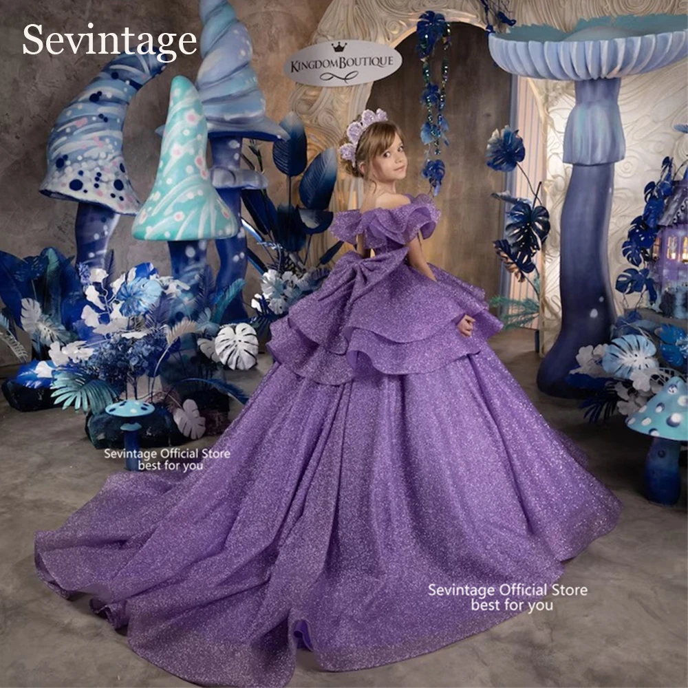 Sevintage Purple Flower Girls Dresses Children Off The Shoulder Birthday Party Dresses Tiered Ball Gown Wedding Dress Customized