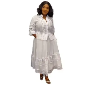 2 Piece African Clothes for Women Summer Elegant African 3/4 Sleeve Lace Polyester Top Long Skirt Matching Sets Africa Clothing