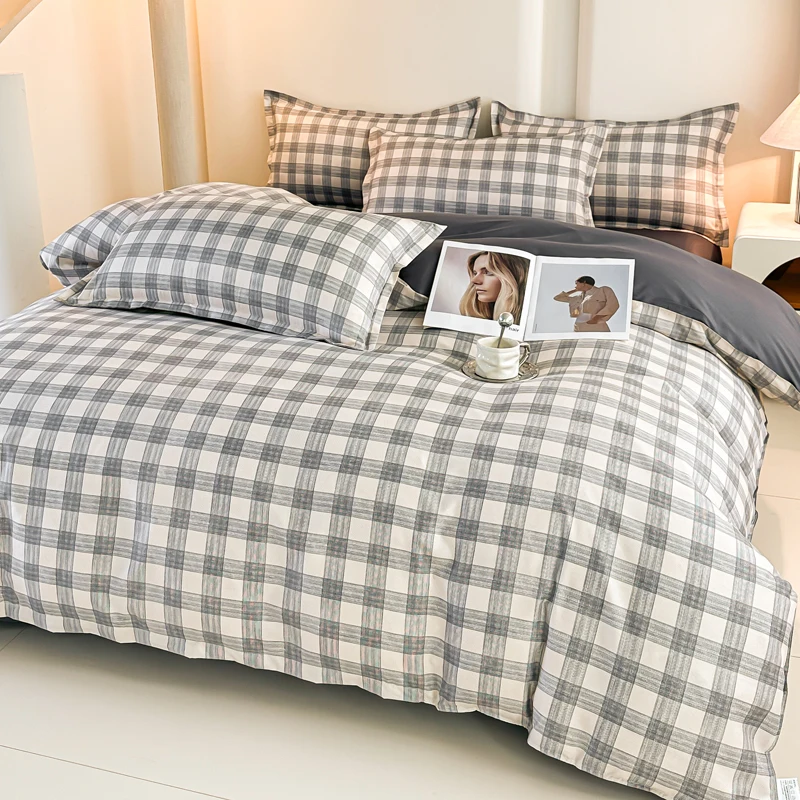 4PCS Grey Plaid Bedding Set Modern Checkered Duvet Cover Set with Pillowcases Soft Breathable Bed Linen for All Seasons