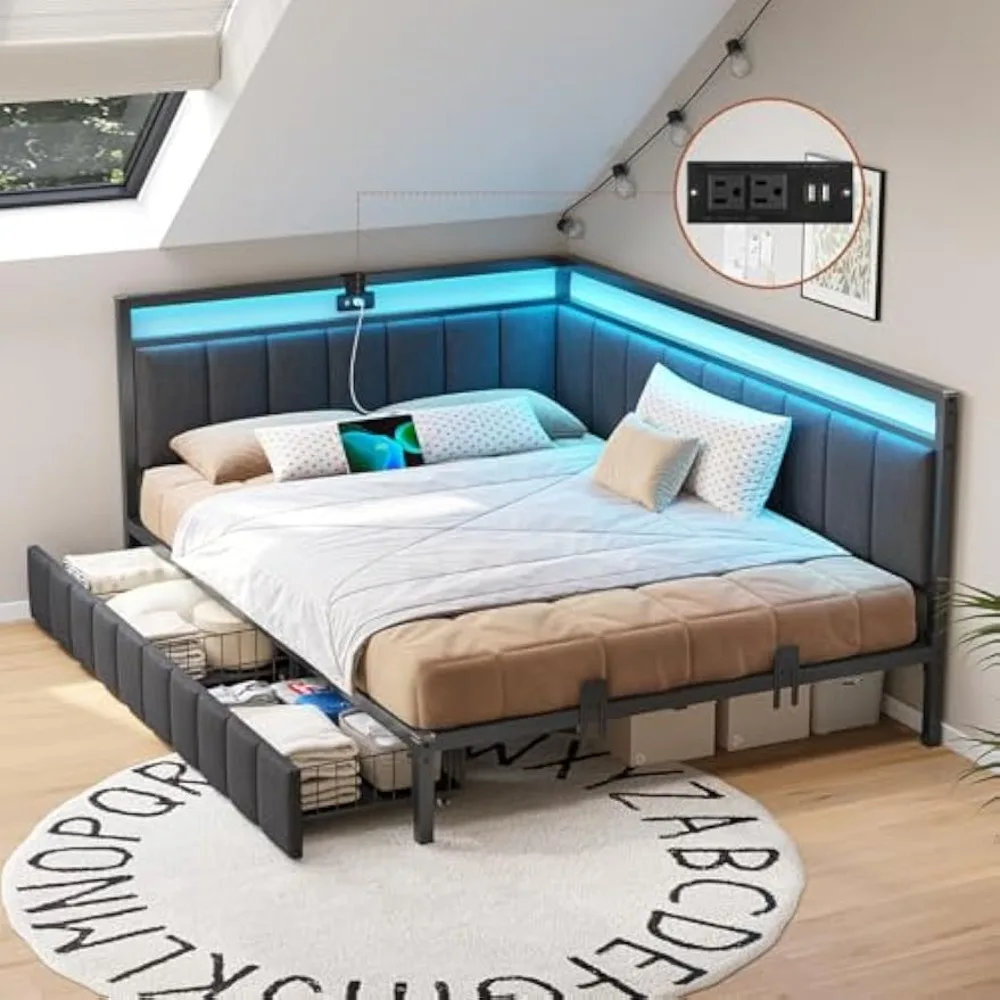 Full Size Platform Bed with Storage Drawers, Charging Station, LED Lights, and Upholstered Corner Frame