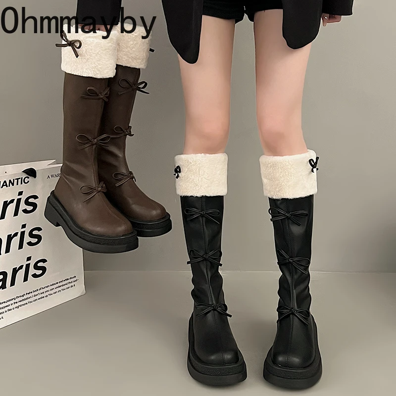 Autumn Winter Short Plush Woman Knee High Boot Fashion Butterfly-knot Knight Long Booties botas feminino