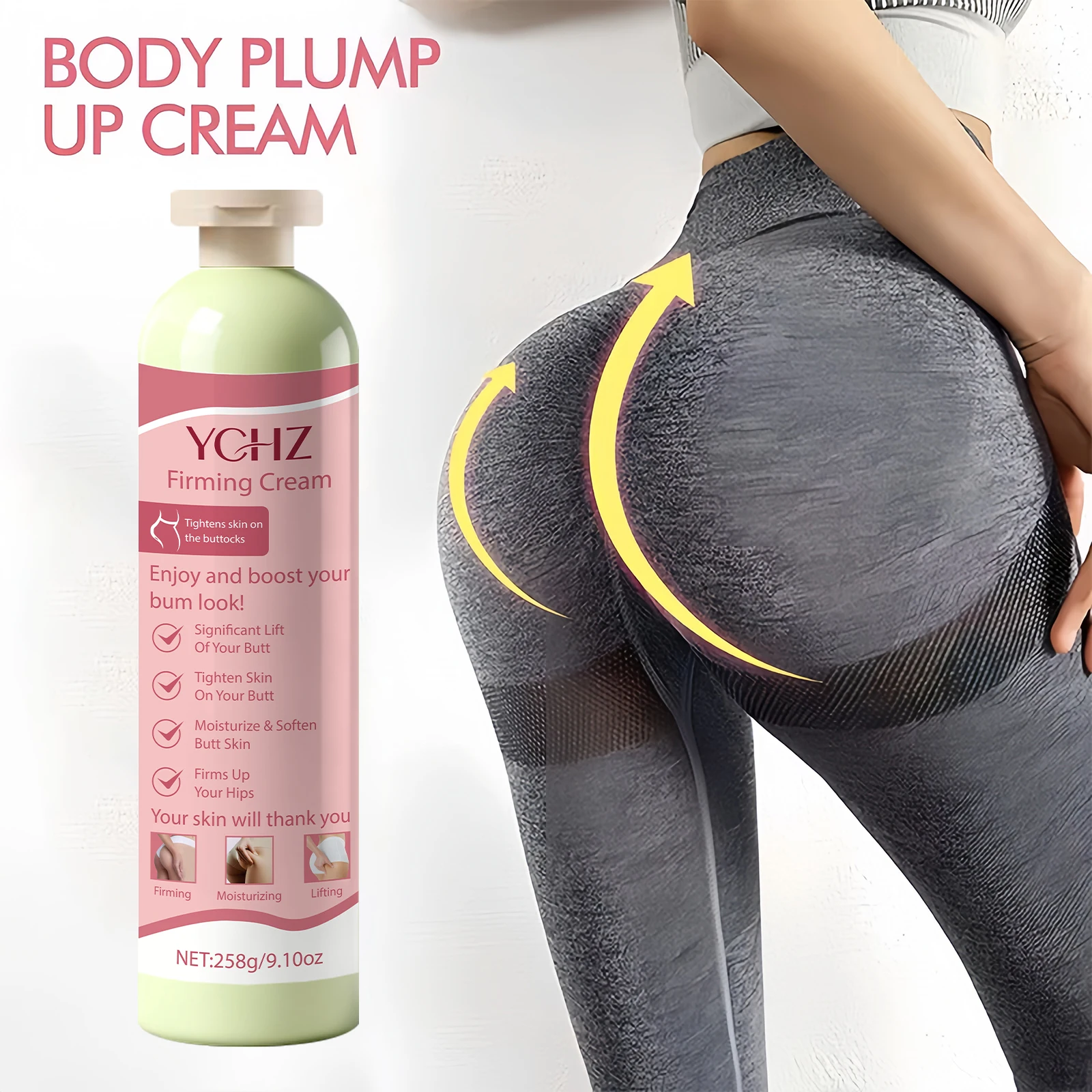 Firming Butt Cream - Hypoallergenic Firming and Moisturizing Body Cream with Collagen, Ceramide, Hyaluronic Acid, and Elastin - Lactose-Free, Firming Effect, 258g