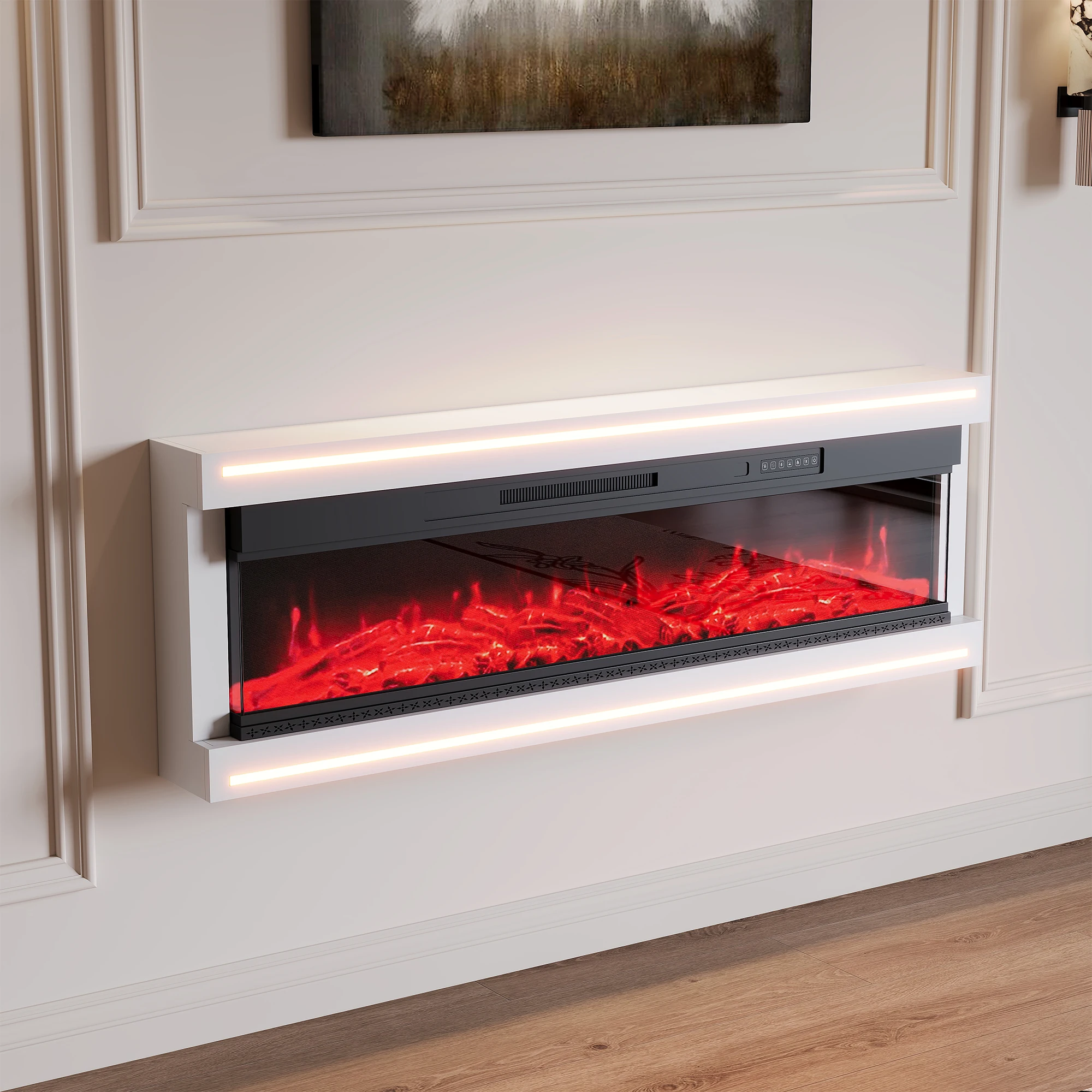 Comanlai Black Electric Fireplace with Remote Control and LED Lights,Flame Effect with 12 Colours Simulated,50/60Inch,750/1500W