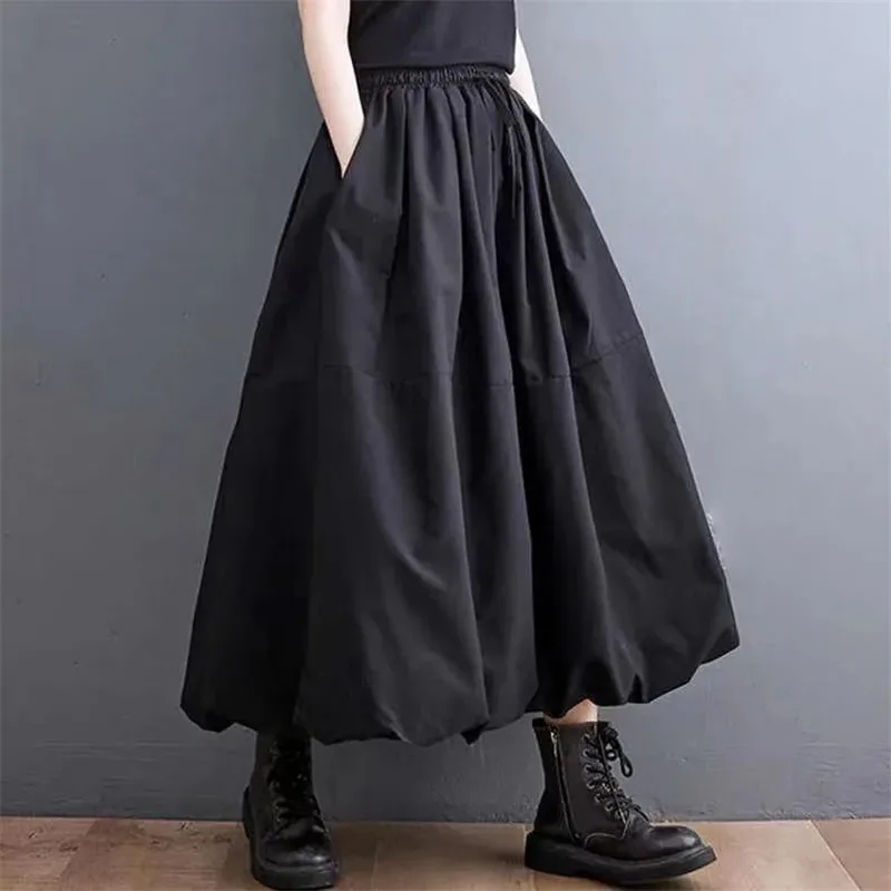 2025 Spring Autumn New Elegant Half-length Skirt Women's 4XL Fashion Casual Elastic Waist Solid Lady Puffy Skirts With Pockets
