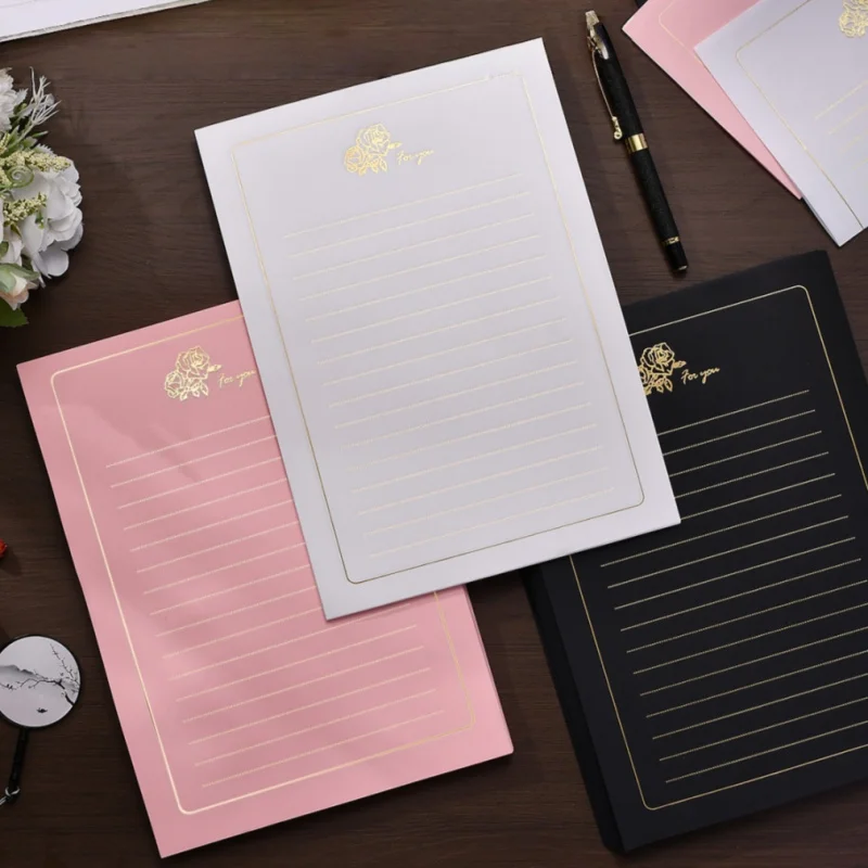 10pcs Simple Gold Rose Letterhead，High-end Gold Stamping Letter Paper Pink White Romantic Love Letter Paper Birthday Letterhead
