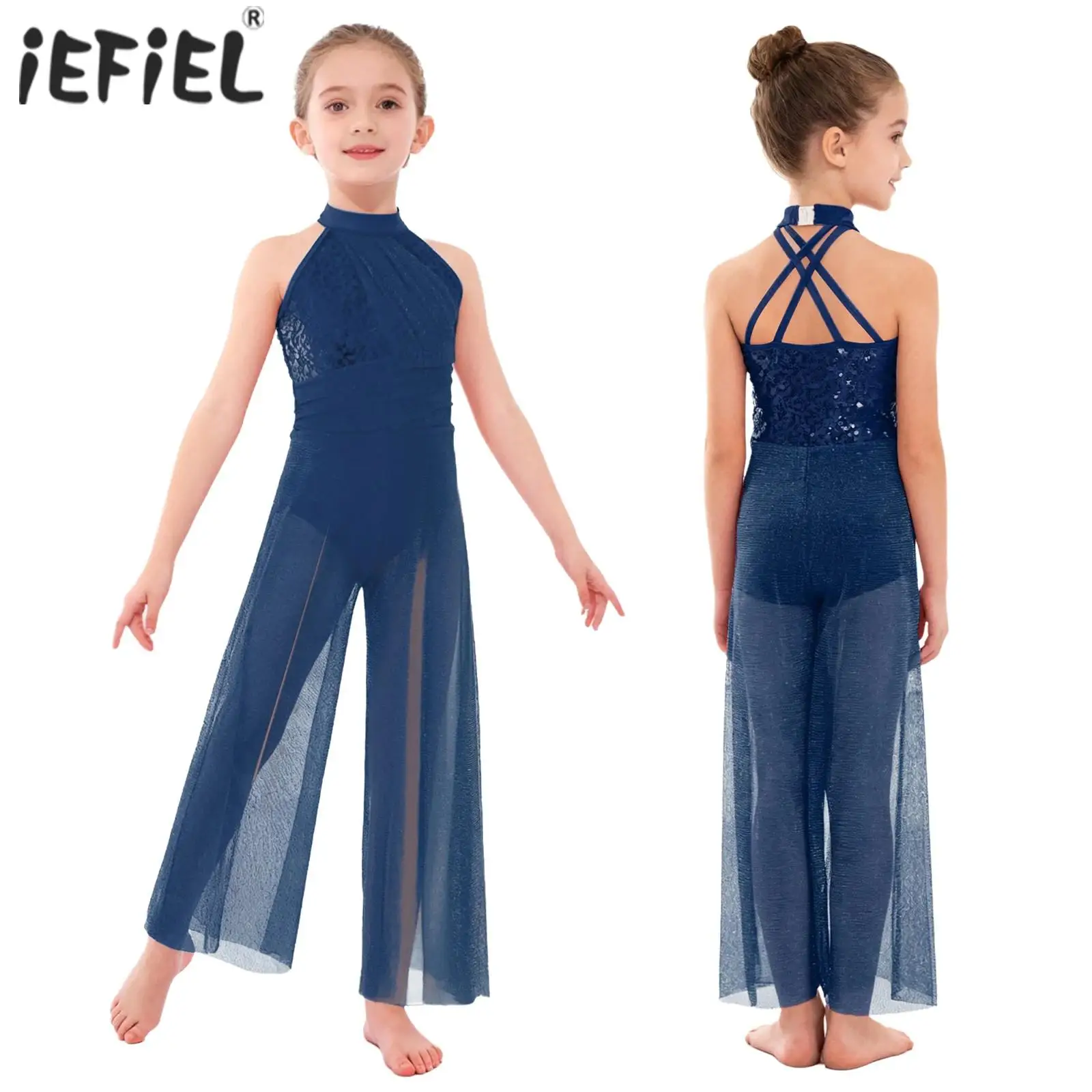 Kids Girls Lyrical Dance Performance Jumpsuit Sleeveless Sequins Mesh Split Wide-Leg Bodysuit with Mock Neck Crisscross Back