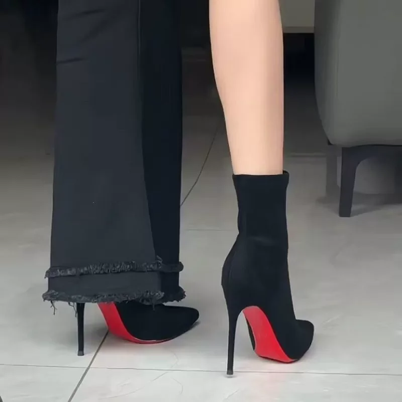 Red Heel Boots Women's High Heel Winter 2026 New Style Elastic Thin Boot Black Pointed Toe Female Slim Boot over Knee Boots