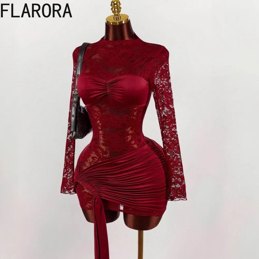 FLARORA Elegant Lace Patchwork Mini Dress Woman Sexy Full Sleeve Ruched Ribbon Peach Hip Dresses Birthday Party Clubwear Vestido
