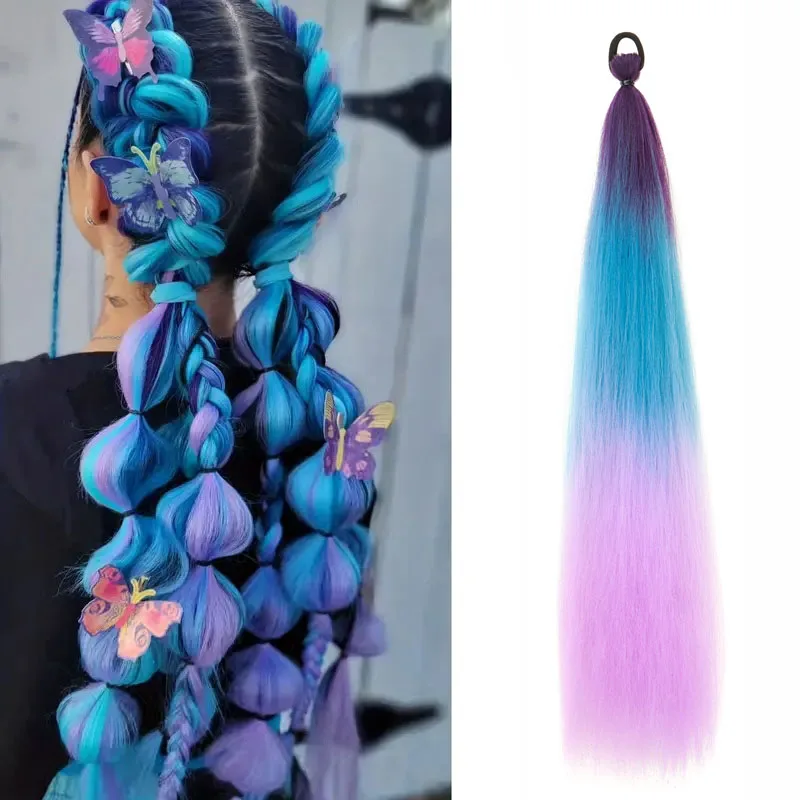 24Inch Synthetic Long Straight Ponytail With Rubber Band Elastic Hair Extension Colorful DIY Braiding Hair Accessories for Women