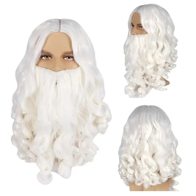 White Santa Claus Beard Wig Unisex Men Women Party Dress Up Accessories Christmas Cosplay Synthetic Wig Long Hair