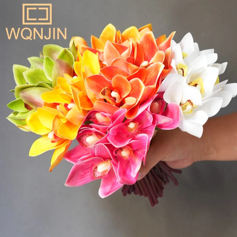 6pcs/lot Artificial Cymbidium Flower for Home Decor Table Orchid Real Touch Flower Wedding Bride Hand Bouquet Photography Props