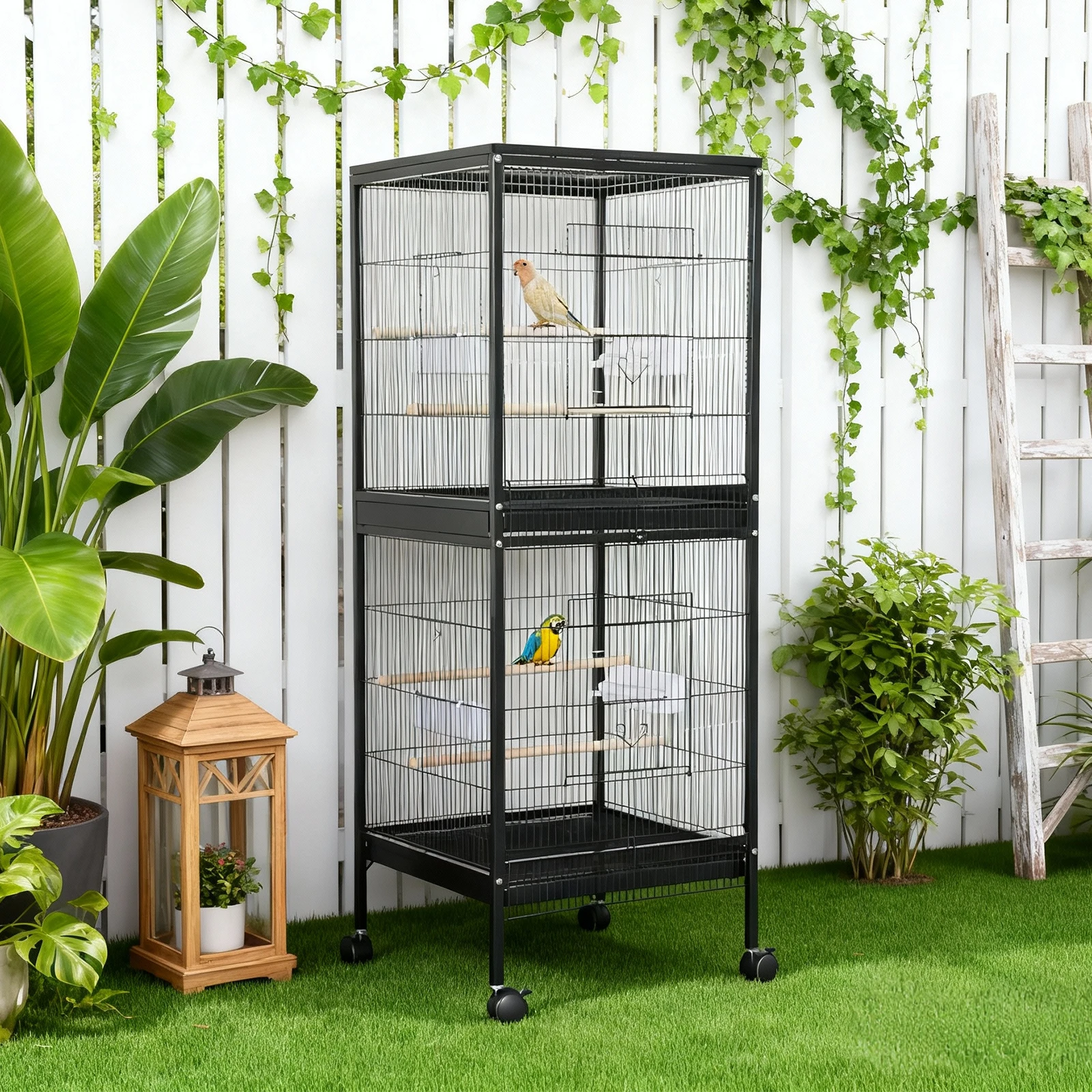 56 in Large Bird Cage with Rolling Stand, Heavy Duty Metal Parrot Cage with Pull-Out Trays, Wooden Perches for Conure Cockatiel