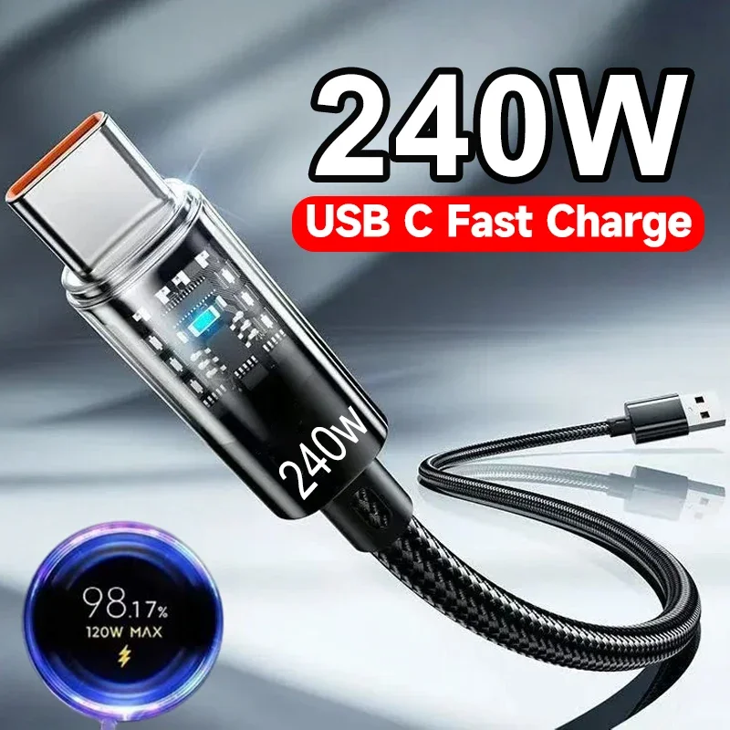240W Super Fast Charging Nylon USB C Cable PD3.1 5A Data Line for Samsung Xiaomi Huawei Phones Laptops Quick Charge Cord