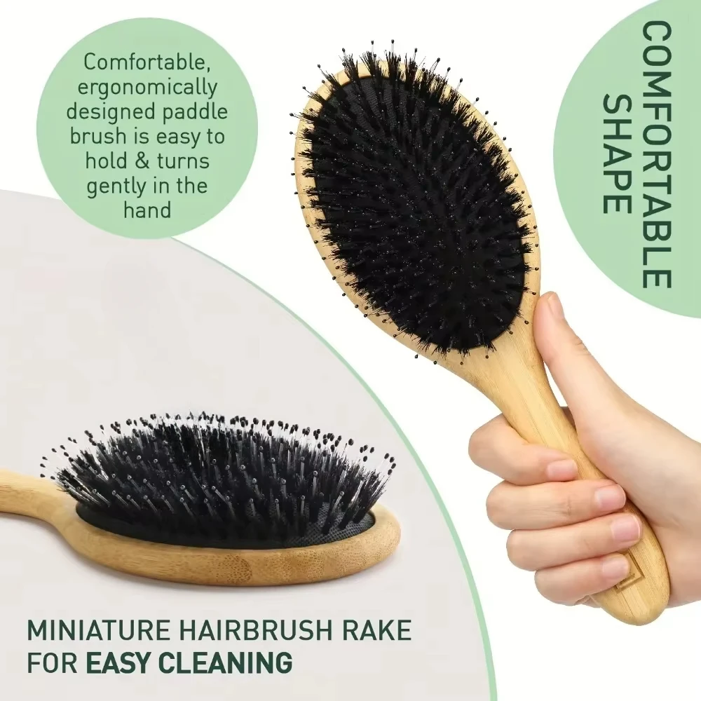 Natural Boar Bristle Hair Brush Bamboo Handle Scalp Massage Comb Anti-static Hair Comb Gasbag Detangling Hair Brush Styling Tool