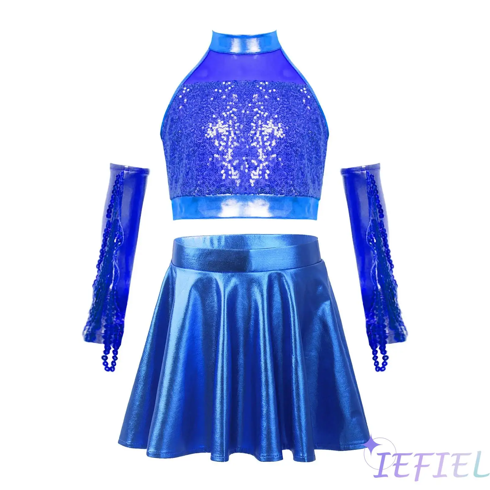 Kids Girls Jazz Dance Performance Outfit Sleeveless Keyhole Back Sparkly Sequins Crop Top with Metallic Flared Skirt and Gloves