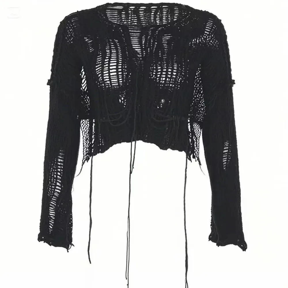 Y2k Cropped Hole Sweater Sexy Gyaru Hollow Out Knit Pullovers Goth Korean Long Sleeve Jumper Summer Fashion Sheer Knitwears Tops
