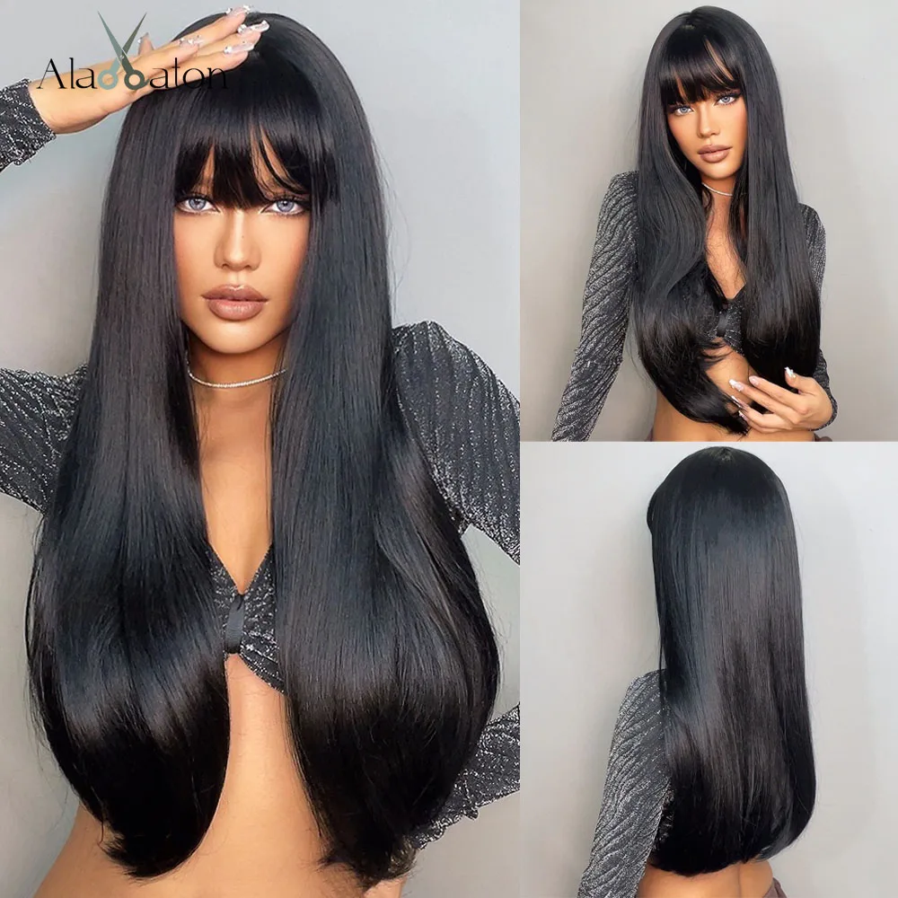 ALAN EATON Long Black Synthetic Wigs with Bangs Silky Straight Wigs for Women African American Daily Party Heat Resistant Fiber