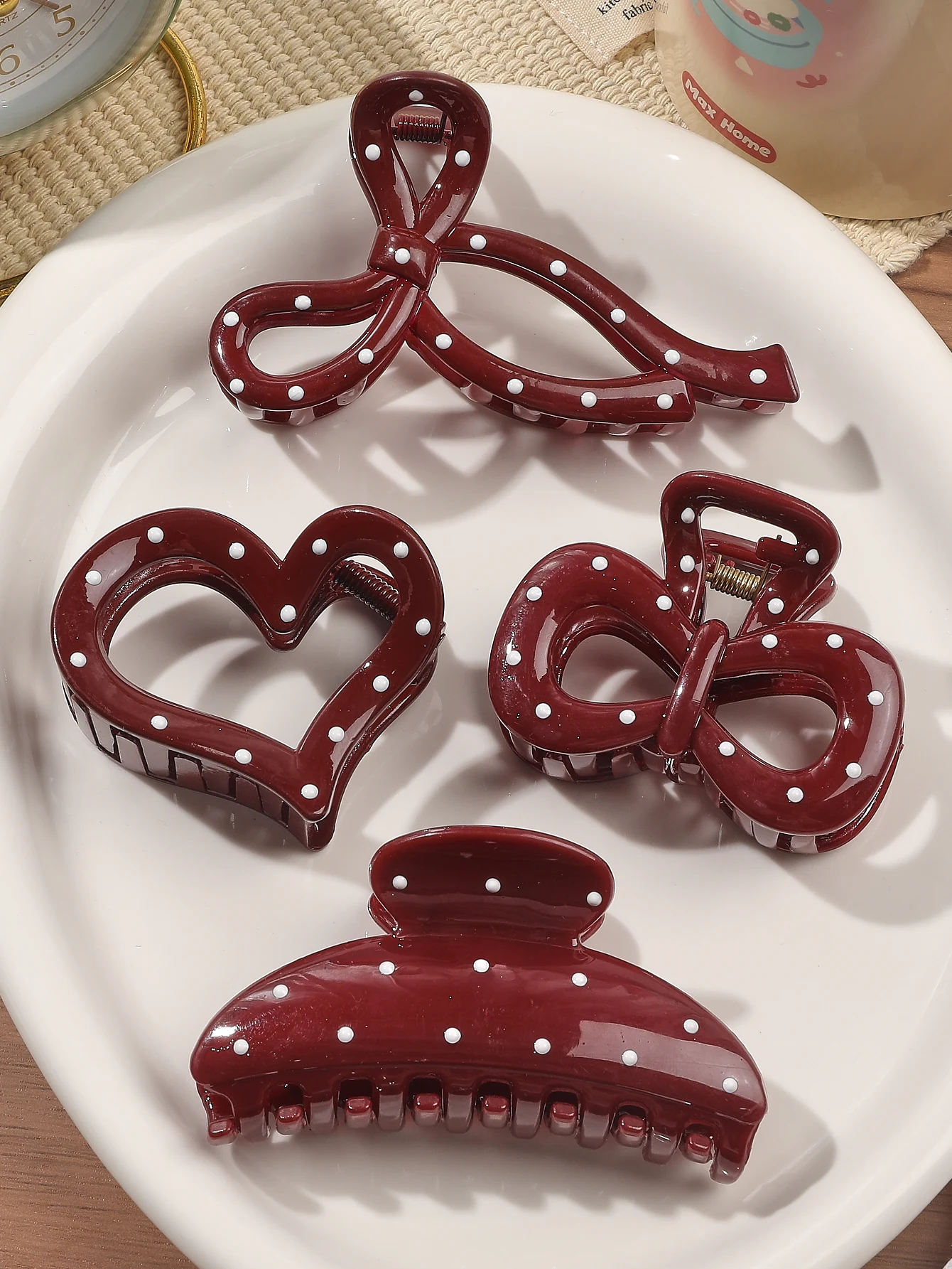 4Pcs French Red White Polka Dot Bow Grab Clips for Women Autumn Winter Shark Clip Hair Claw Clips Elegant Hair Accessories