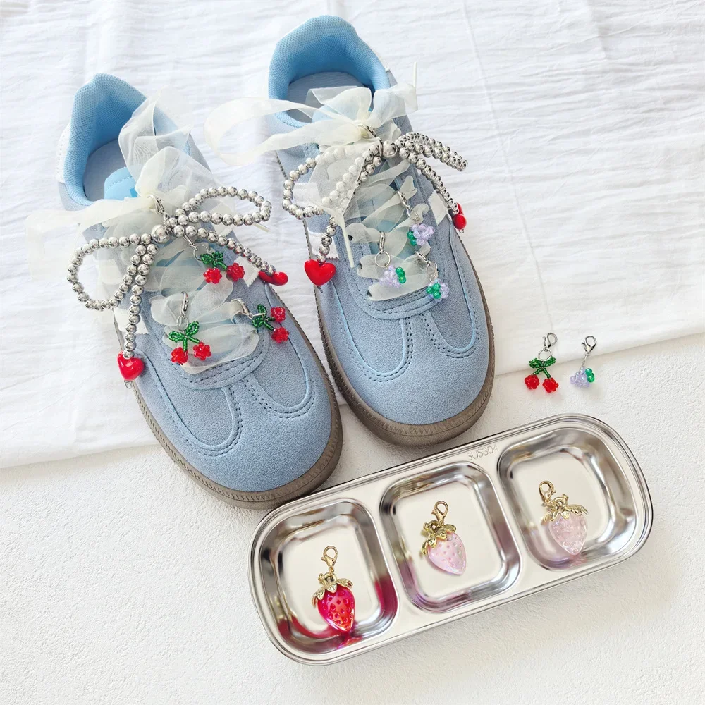1 PCS New Red Love Silver Pearl Bow Shoe Charm with Strawberry Buckle Cherry Grape Bead Shoe Lace Charms for Sneaker Decorations