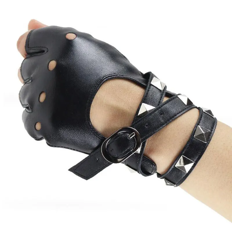 Child and Adult Half Finger PU Leather Gloves Rock Punk Style Rivet Fingerless Gloves Mittens Hollow Bandage Party Show Gloves