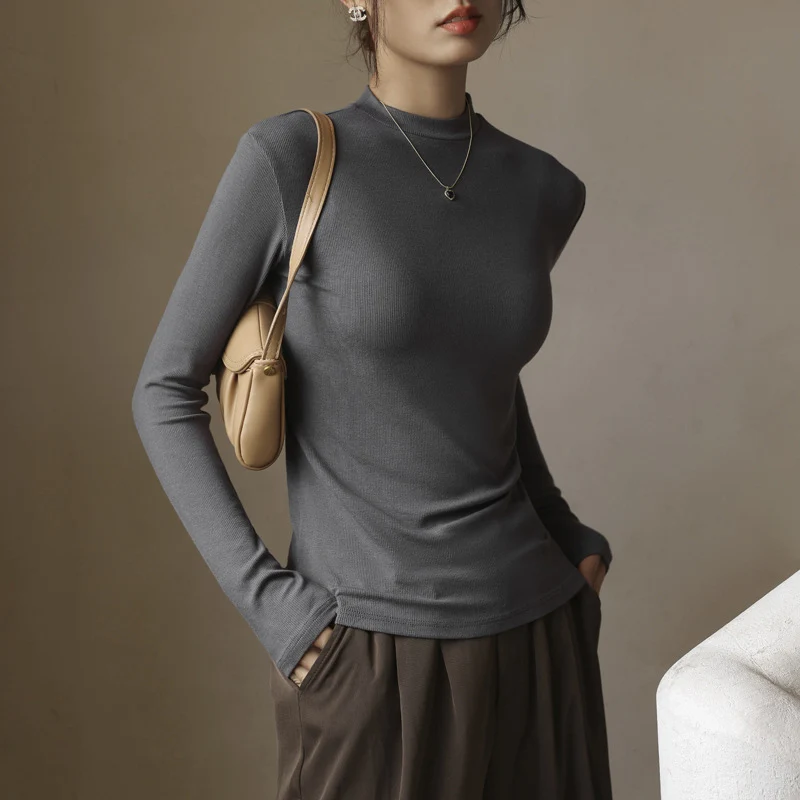 Elegant Long Sleeve Ribbed Pullover Women Autumn Winter Solid Temperament O-Neck Sweaters High-End Sense Commute Inner Wear Tops