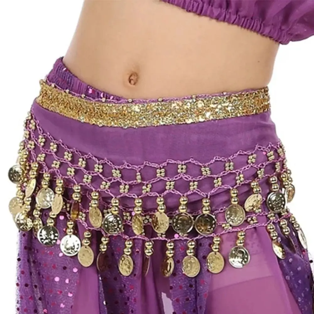 New Kids Metal Coins Waist Chain Fashion Child Belly Dance Hip Scarf Performance Costumes Chiffon Dacning Waist Belt Chain