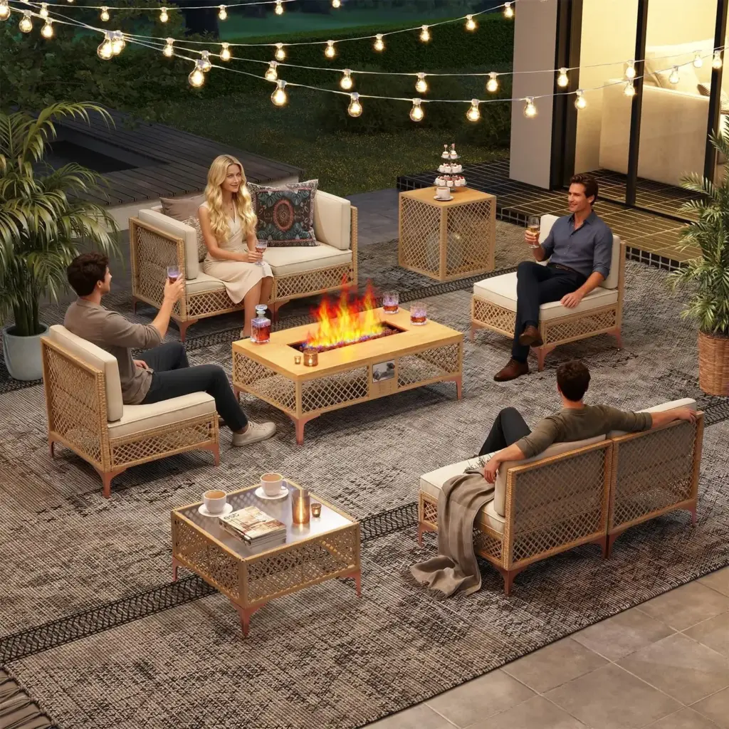 9-Piece Outdoor Patio Furniture Set with Large Fire Pit Table, Boho Wicker Outdoor Conversation Sectional Set &, Customized