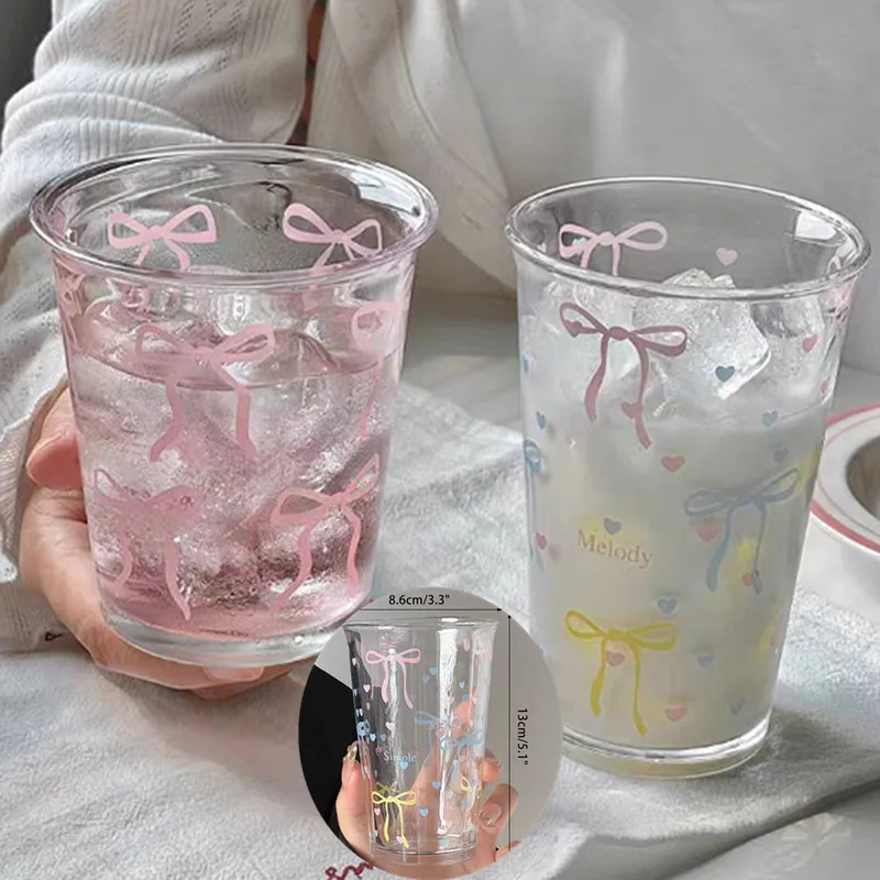 Bow Glass Cute Water Cup Cartoon Bow Glass Cup Striped Cute Doodle Coffee Mug Household Fruit Tea Lemonade Girls Gift