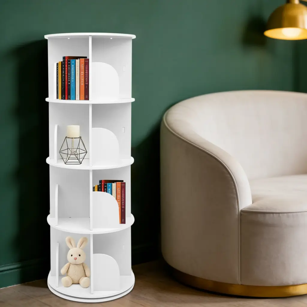 Rotating Bookshelf Display Floor Standing Bookcase Storage Rack 4 Tier, Rustic Wooden Bookshelf for Living Room, Home Office